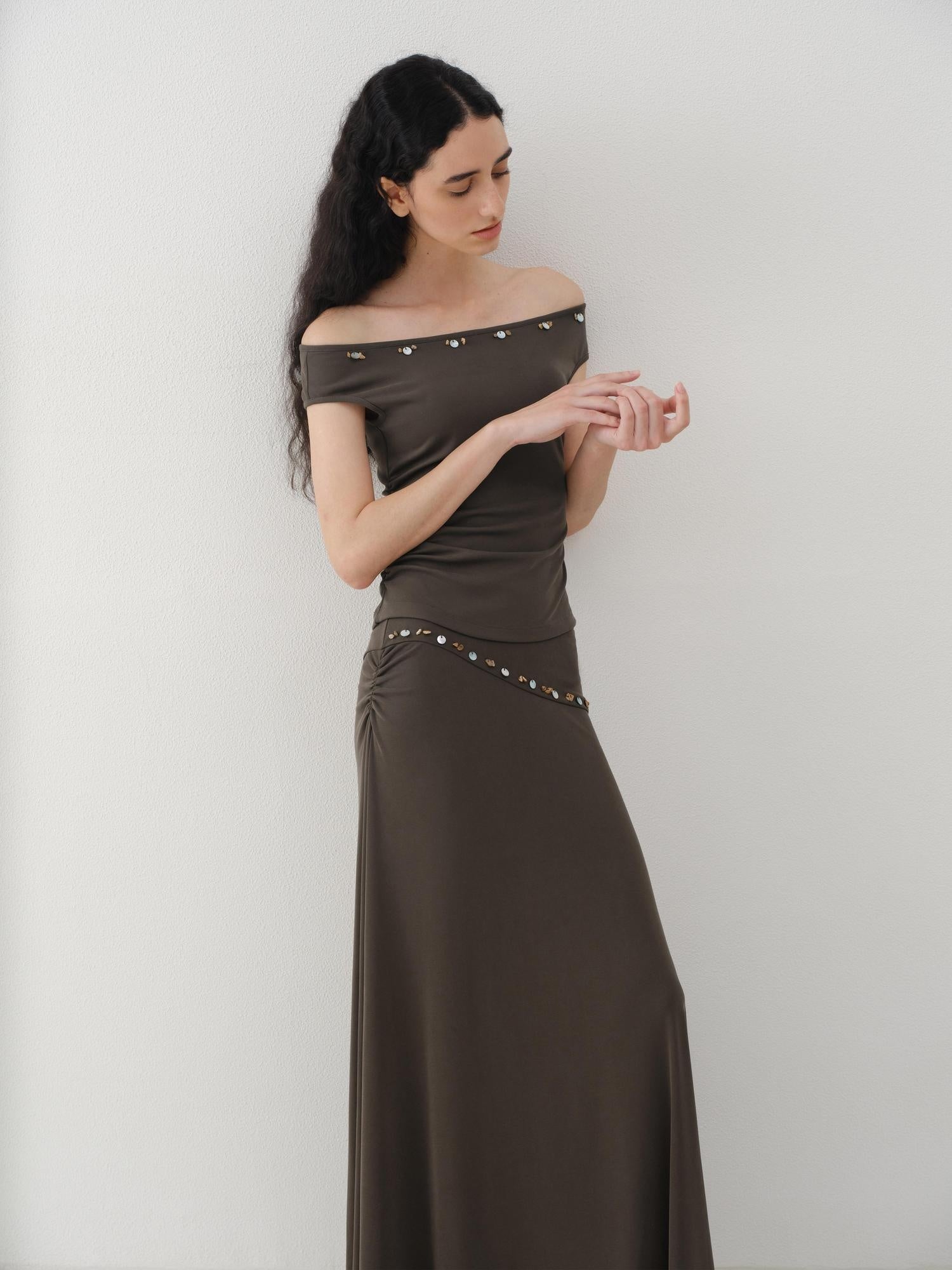 someonesometimes Beaded Pleated Coffee Brown Slim Fit Off Shoulder Wicking Women Top & Skirt Sets