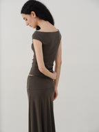 someonesometimes Beaded Pleated Coffee Brown Slim Fit Off Shoulder Wicking Women Top & Skirt Sets