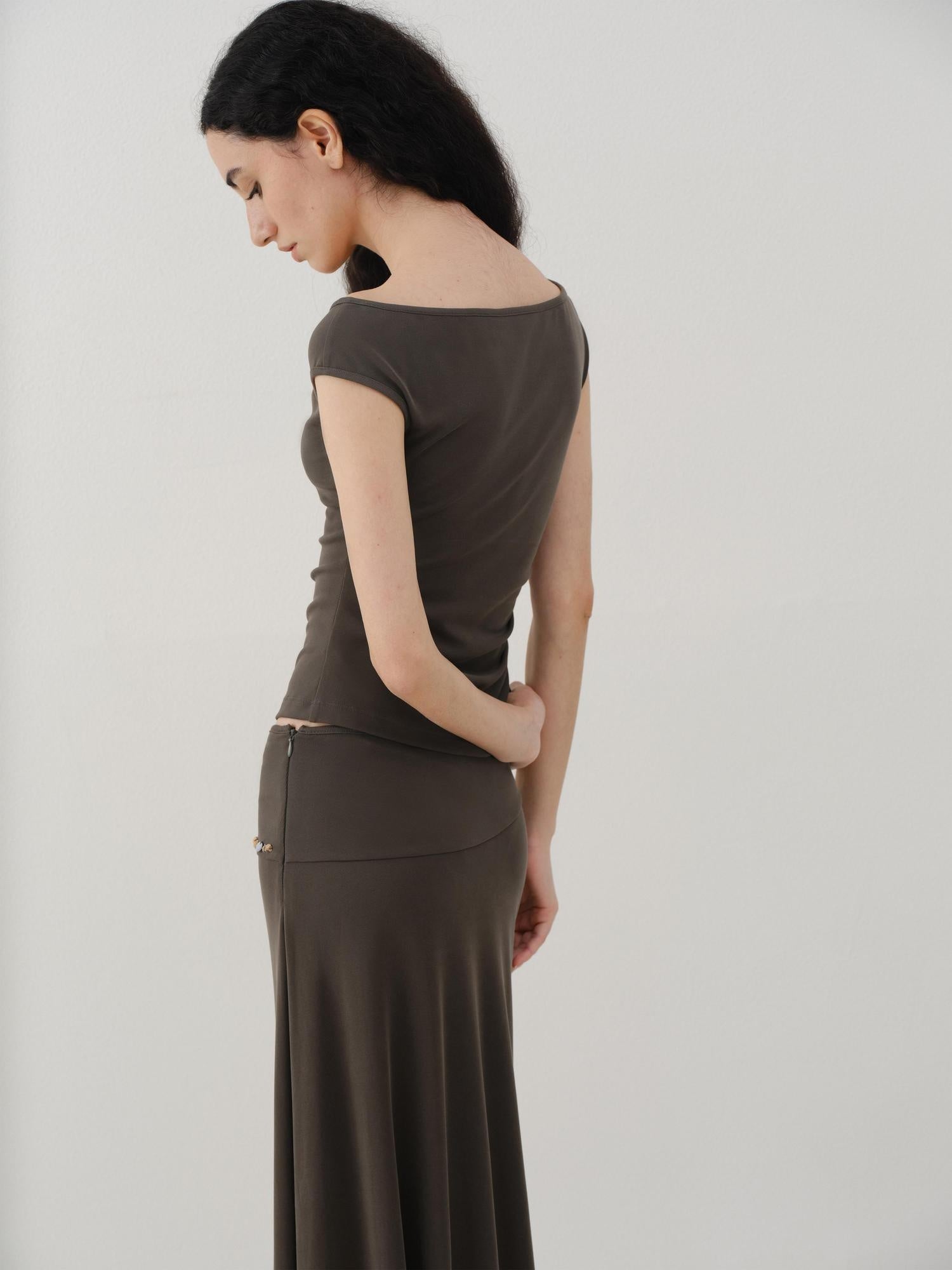 someonesometimes Beaded Pleated Coffee Brown Slim Fit Off Shoulder Wicking Women Top & Skirt Sets