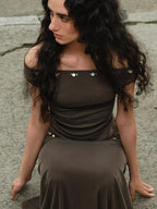 someonesometimes Beaded Pleated Coffee Brown Slim Fit Off Shoulder Wicking Women Top & Skirt Sets