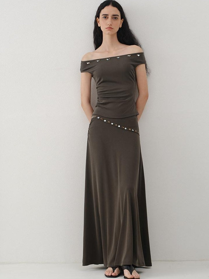 someonesometimes Beaded Pleated Coffee Brown Slim Fit Off Shoulder Wicking Women Top & Skirt Sets