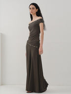 someonesometimes Beaded Pleated Coffee Brown Slim Fit Off Shoulder Wicking Women Top & Skirt Sets