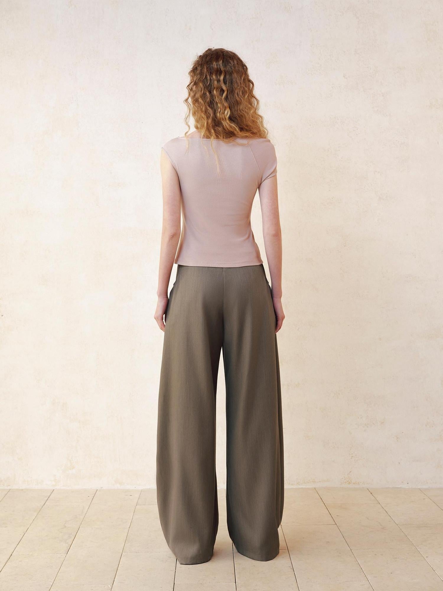 someonesometimes Breathable Cotton Casual Curved Leg Natural Waist Women Oak Gray Wide Leg Pants