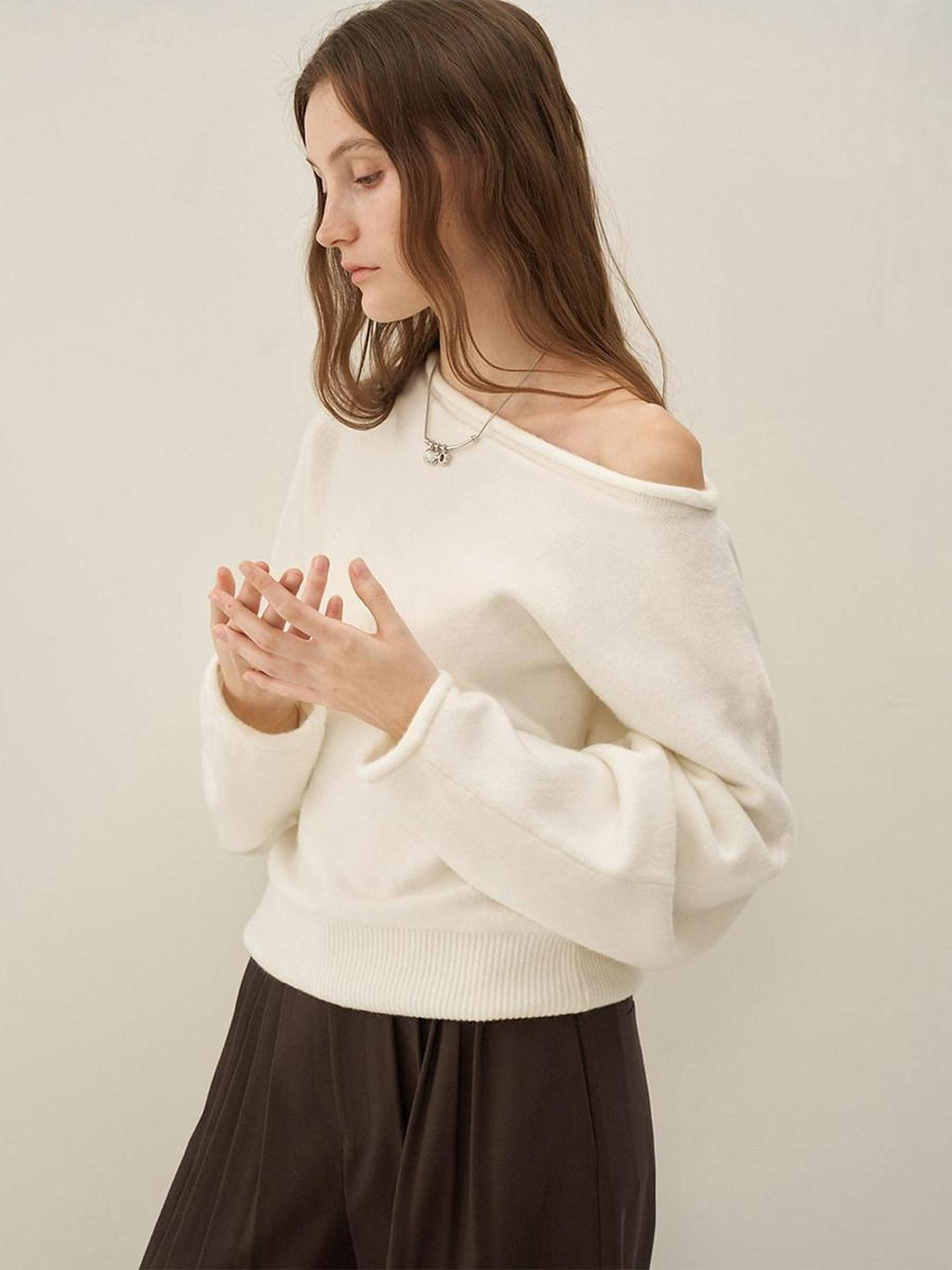 someonesometimes Cozy Acrylic Blend Knitted Sweet Loose Fit Long Sleeve Pullover Women White