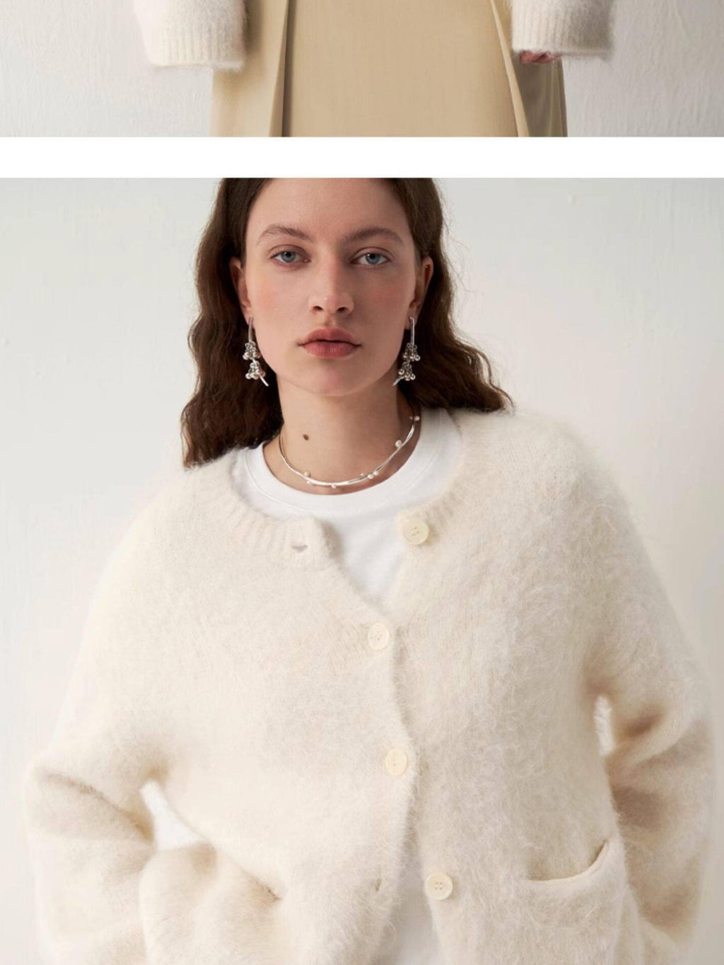 someonesometimes Cozy Alpaca Blend Office Round Neck Open Front Regular Fit White Cardigans