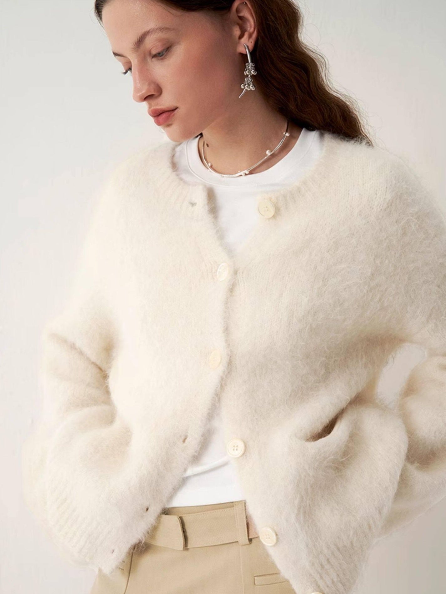 someonesometimes Cozy Alpaca Blend Office Round Neck Open Front Regular Fit White Cardigans