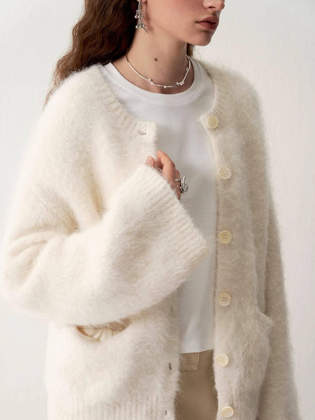 someonesometimes Cozy Alpaca Blend Office Round Neck Open Front Regular Fit White Cardigans