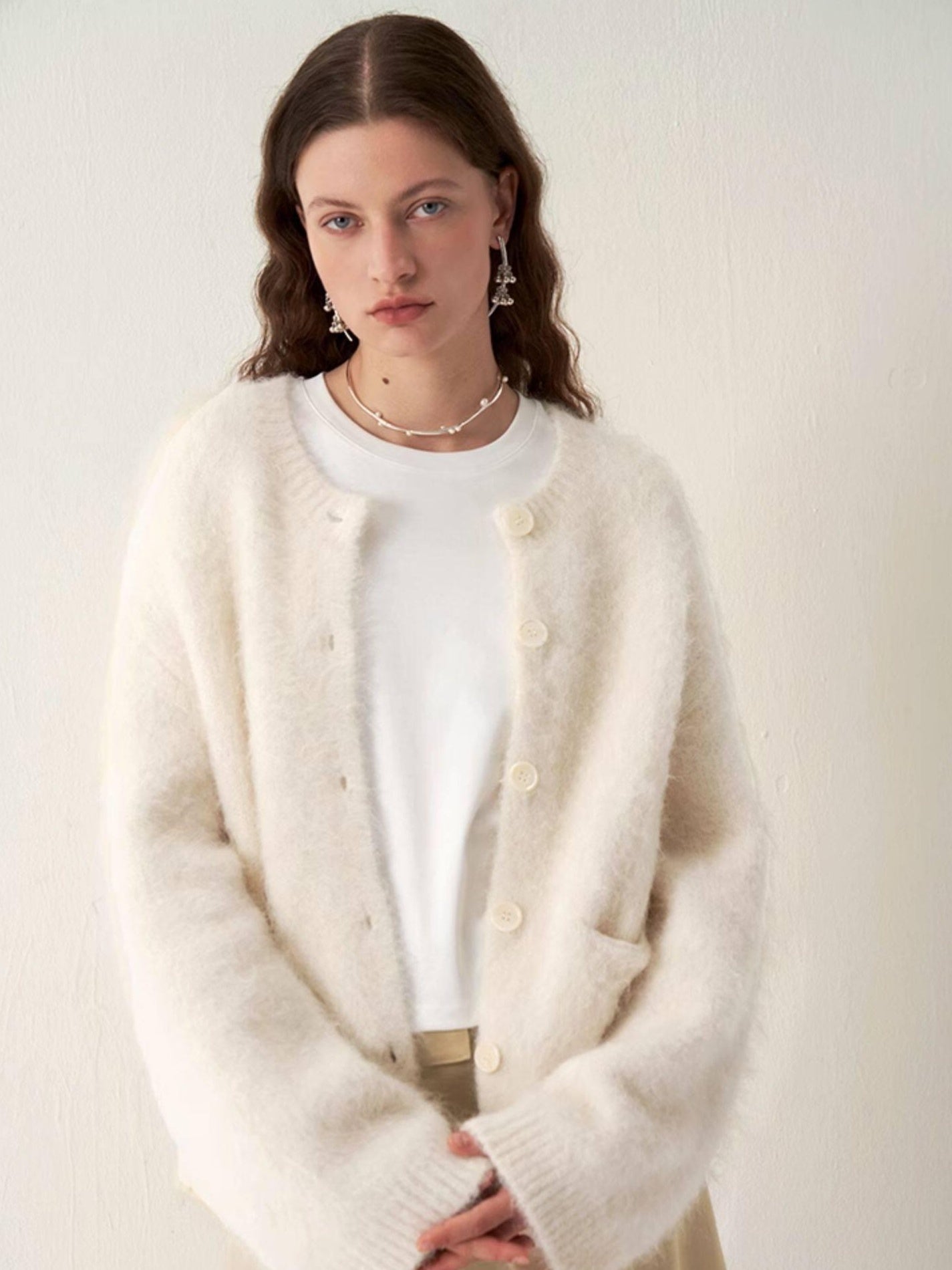 someonesometimes Cozy Alpaca Blend Office Round Neck Open Front Regular Fit White Cardigans