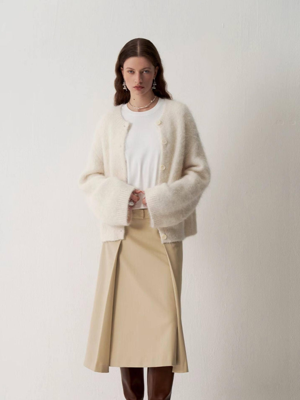 someonesometimes Cozy Alpaca Blend Office Round Neck Open Front Regular Fit White Cardigans