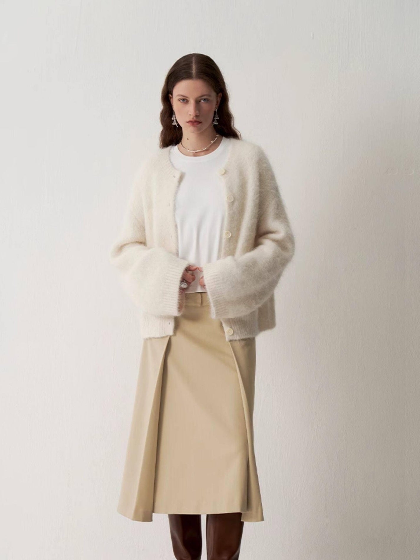 someonesometimes Cozy Alpaca Blend Office Round Neck Open Front Regular Fit White Cardigans