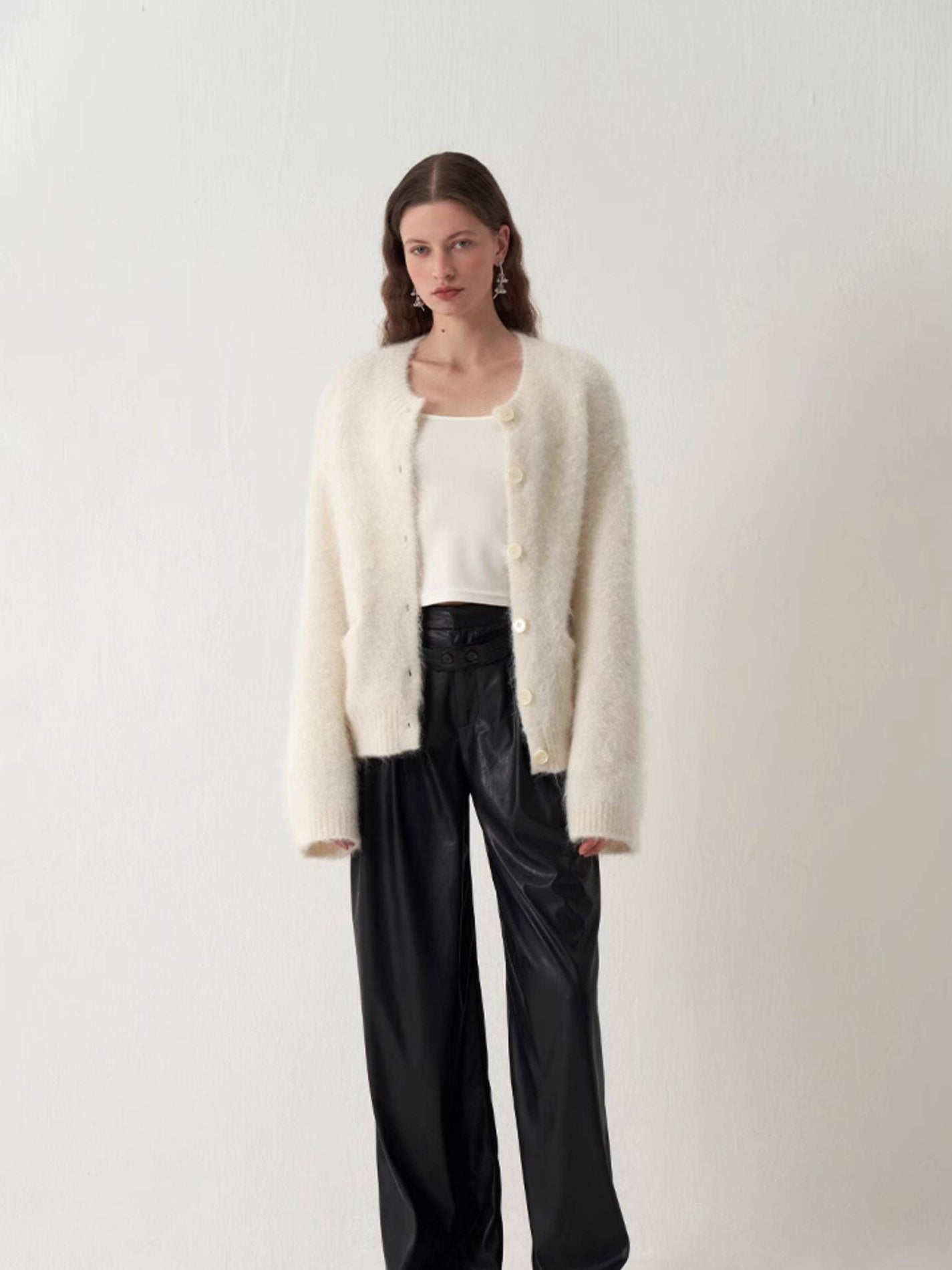 someonesometimes Cozy Alpaca Blend Office Round Neck Open Front Regular Fit White Cardigans