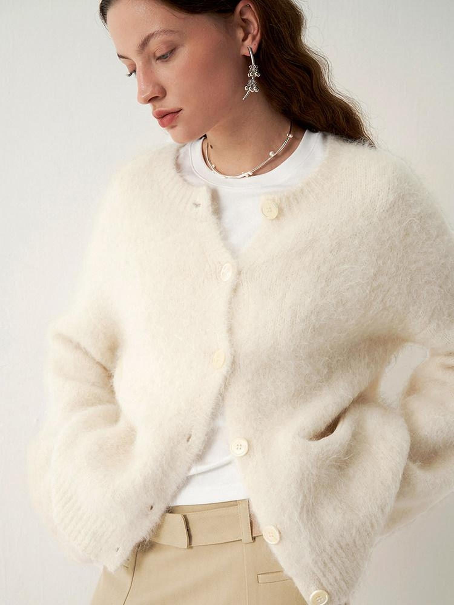 someonesometimes Cozy Alpaca Blend Office Round Neck Open Front Regular Fit White Cardigans