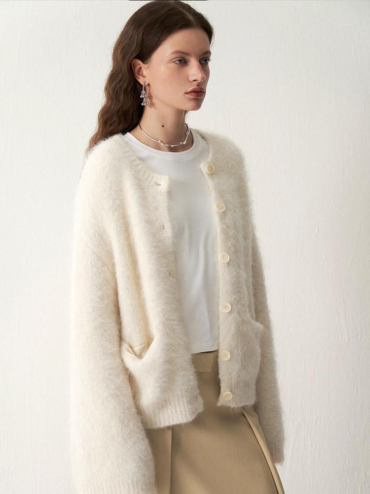 someonesometimes Cozy Alpaca Blend Office Round Neck Open Front Regular Fit White Cardigans