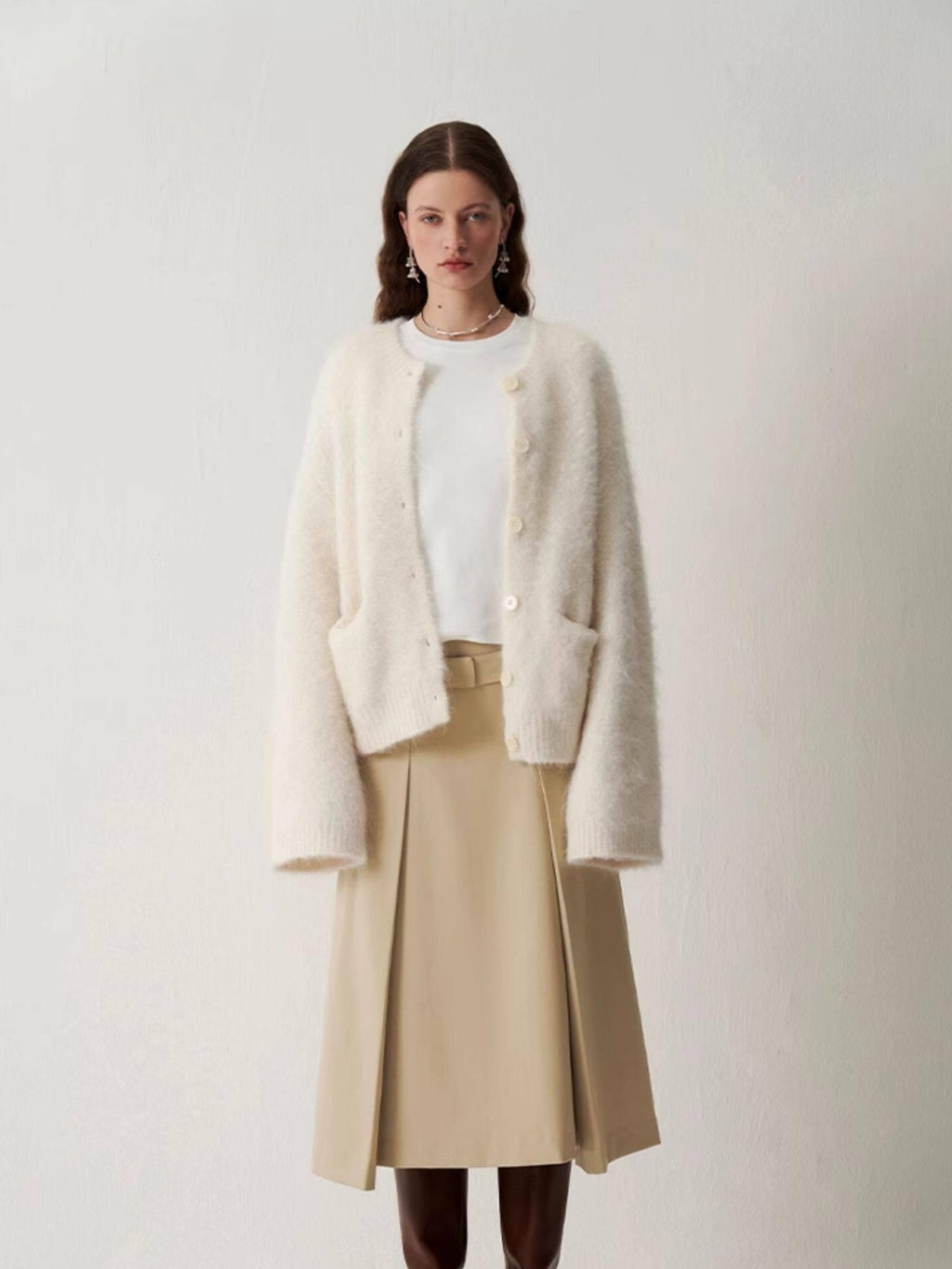 someonesometimes Cozy Alpaca Blend Office Round Neck Open Front Regular Fit White Cardigans