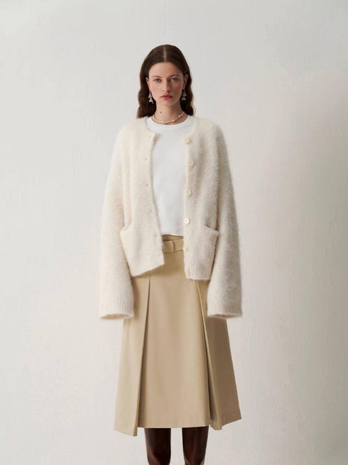 someonesometimes Cozy Alpaca Blend Office Round Neck Open Front Regular Fit White Cardigans