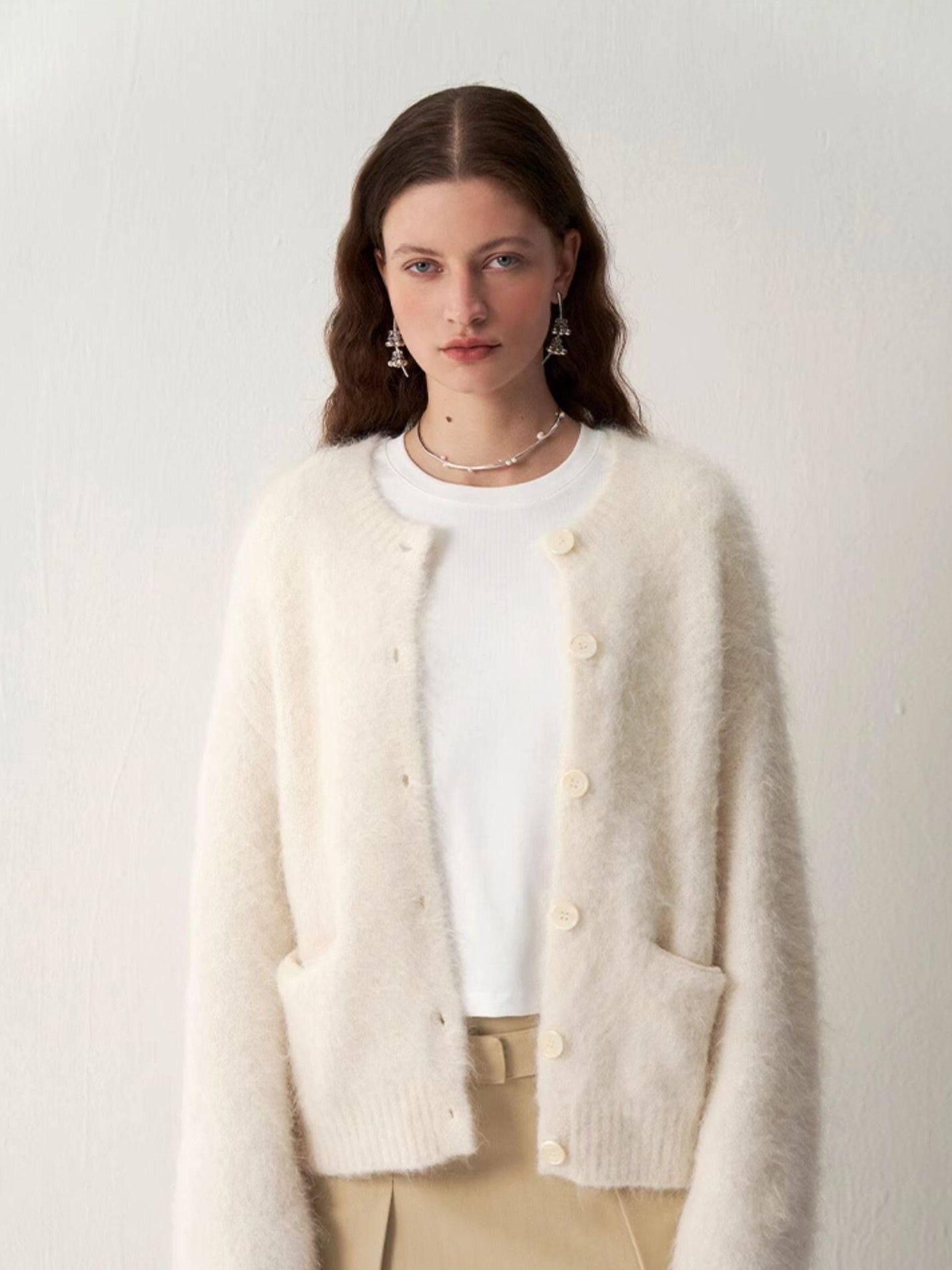 someonesometimes Cozy Alpaca Blend Office Round Neck Open Front Regular Fit White Cardigans