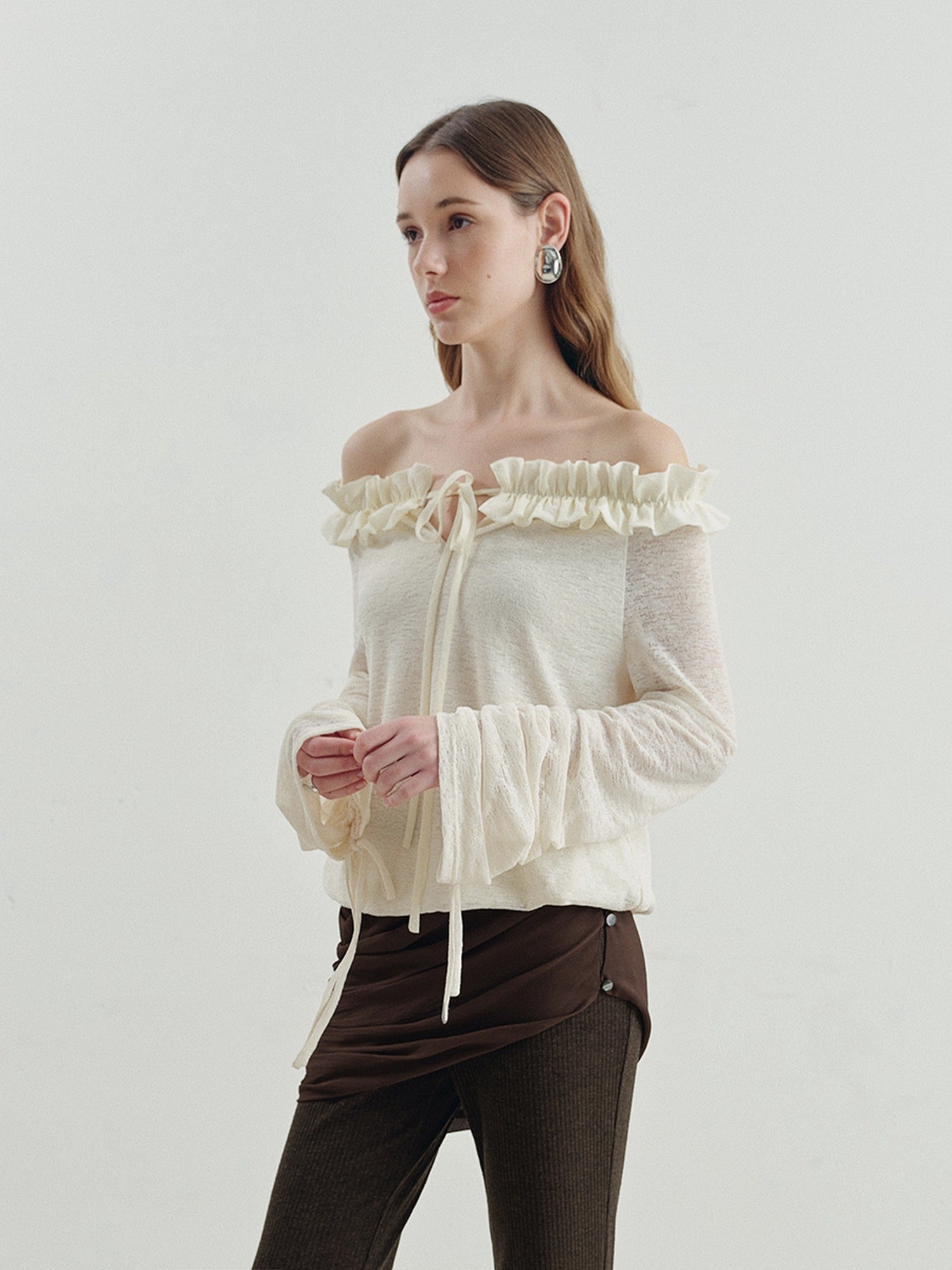 someonesometimes Cozy Polyester Solid Casual Straight Fit Long Sleeve Women Off Shoulder Crop Tops