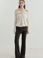 someonesometimes Cozy Polyester Solid Casual Straight Fit Long Sleeve Women Off Shoulder Crop Tops