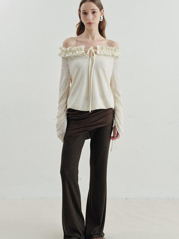 someonesometimes Cozy Polyester Solid Casual Straight Fit Long Sleeve Women Off Shoulder Crop Tops