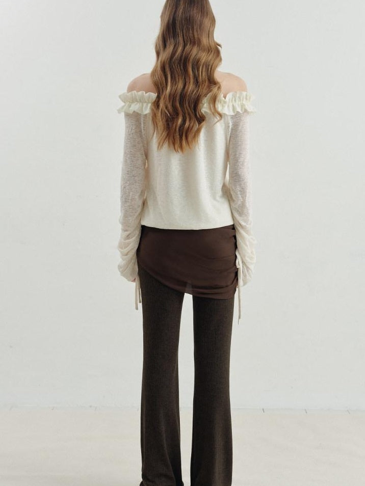 someonesometimes Cozy Polyester Solid Casual Straight Fit Long Sleeve Women Off Shoulder Crop Tops