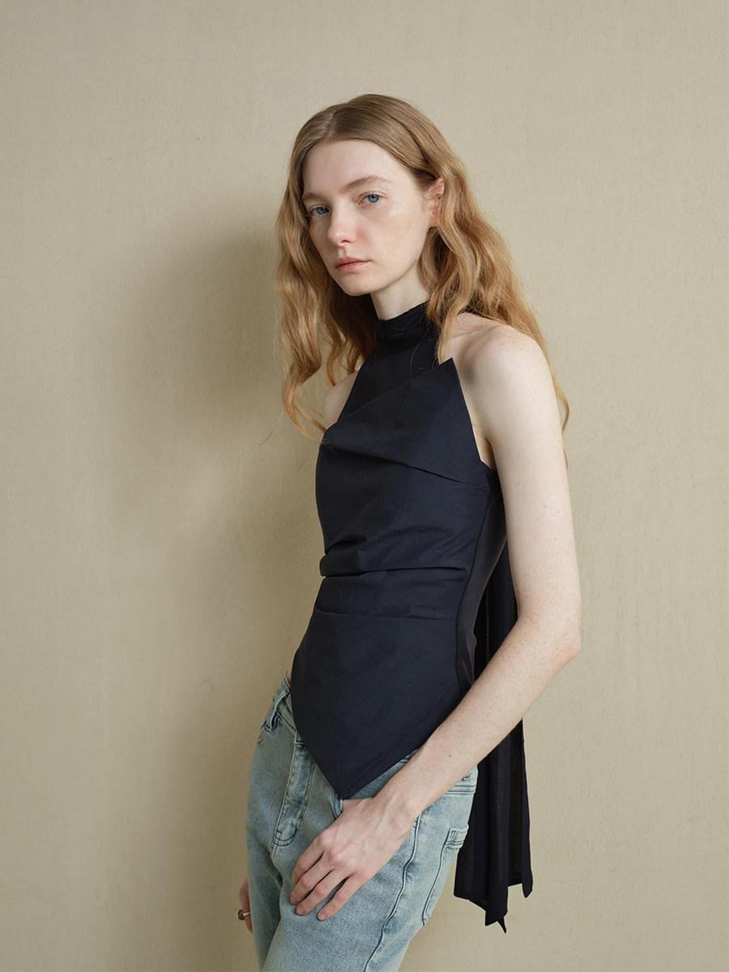 someonesometimes Cutout Ruched Panel Slim Fit Korean Casual Women Navy Poly Cotton Tank Tops