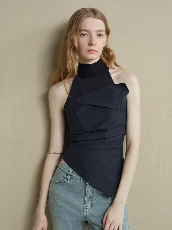someonesometimes Cutout Ruched Panel Slim Fit Korean Casual Women Navy Poly Cotton Tank Tops