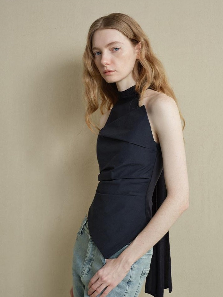 someonesometimes Cutout Ruched Panel Slim Fit Korean Casual Women Navy Poly Cotton Tank Tops