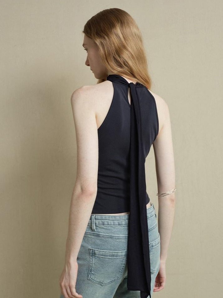 someonesometimes Cutout Ruched Panel Slim Fit Korean Casual Women Navy Poly Cotton Tank Tops