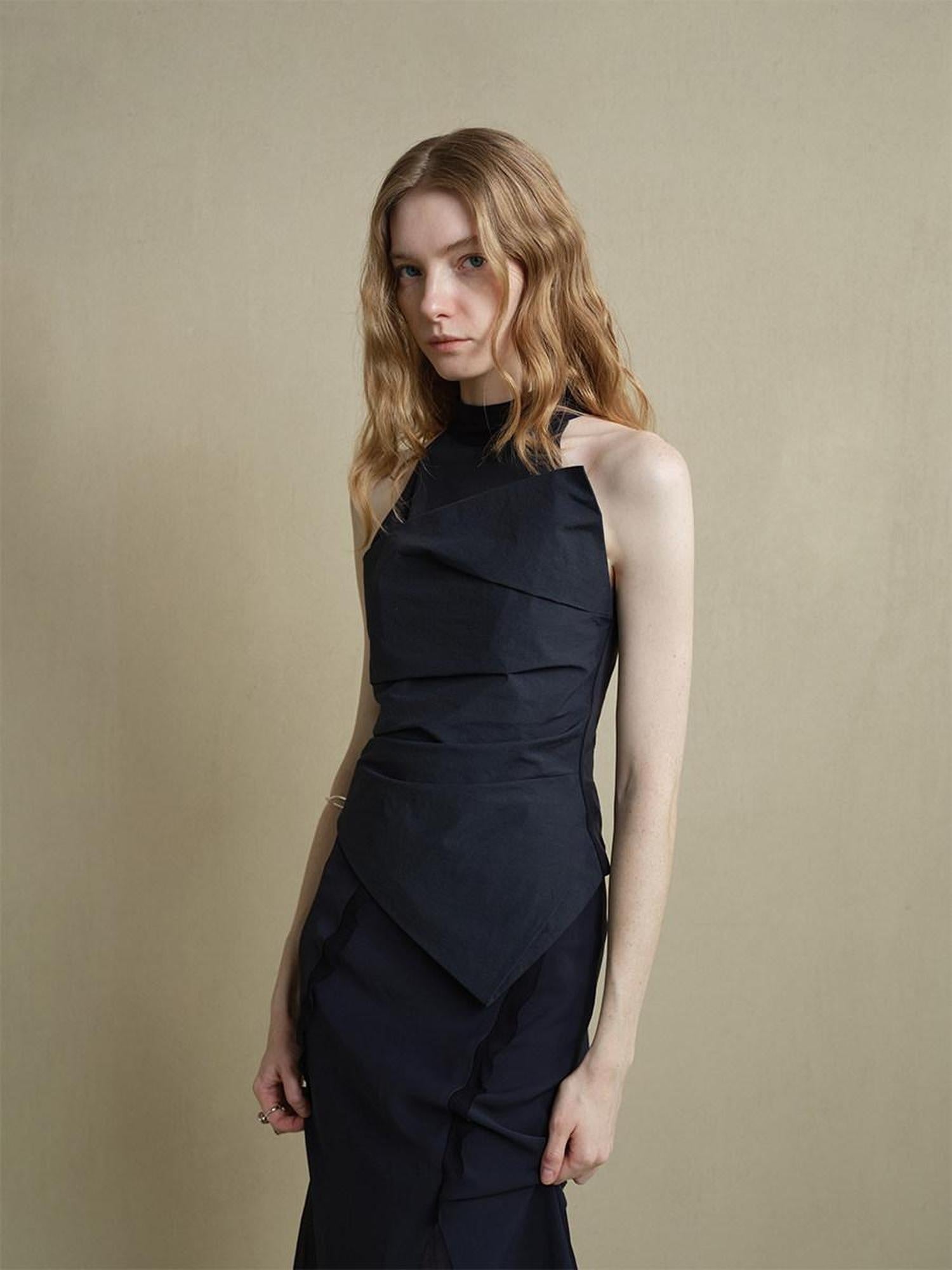 someonesometimes Cutout Ruched Panel Slim Fit Korean Casual Women Navy Poly Cotton Tank Tops
