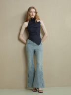 someonesometimes Cutout Ruched Panel Slim Fit Korean Casual Women Navy Poly Cotton Tank Tops