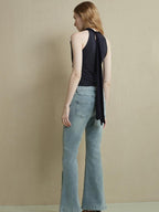 someonesometimes Cutout Ruched Panel Slim Fit Korean Casual Women Navy Poly Cotton Tank Tops
