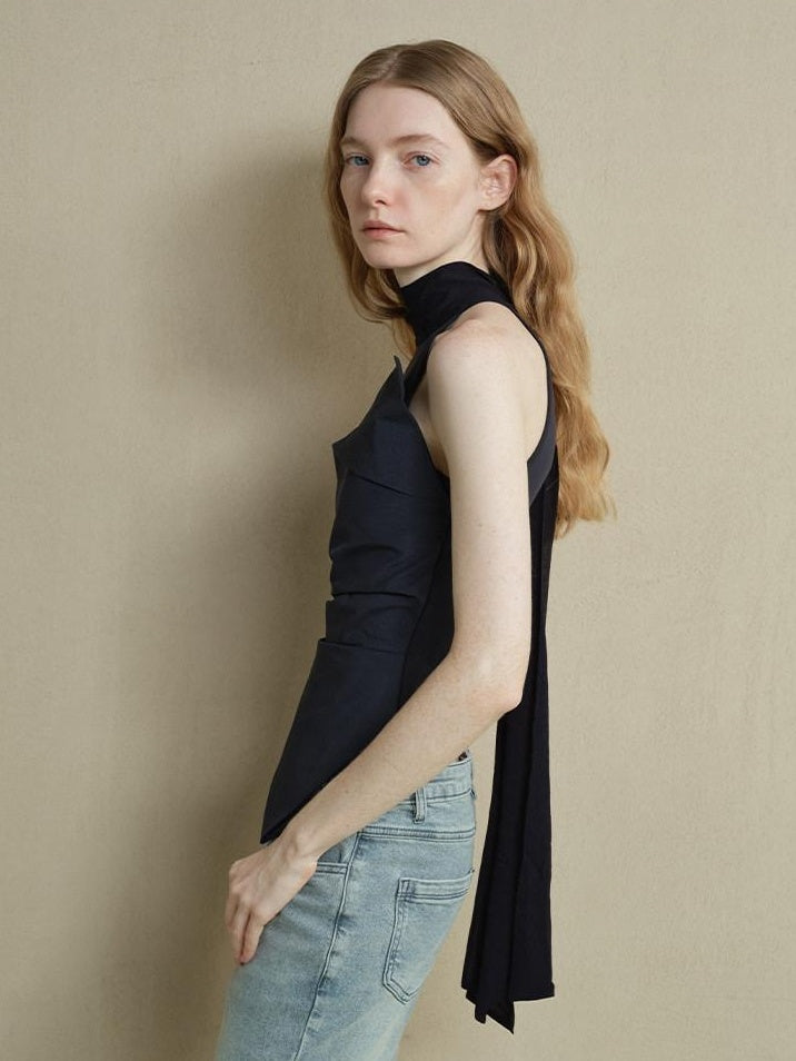 someonesometimes Cutout Ruched Panel Slim Fit Korean Casual Women Navy Poly Cotton Tank Tops