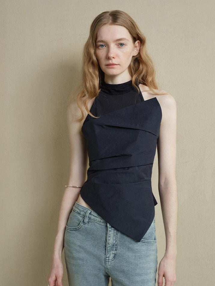 someonesometimes Cutout Ruched Panel Slim Fit Korean Casual Women Navy Poly Cotton Tank Tops