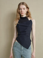 someonesometimes Cutout Ruched Panel Slim Fit Korean Casual Women Navy Poly Cotton Tank Tops