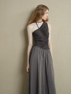 someonesometimes Elegant High Waist Lyocell Aline Spaghetti Strap Sleeveless Maxi Dresses