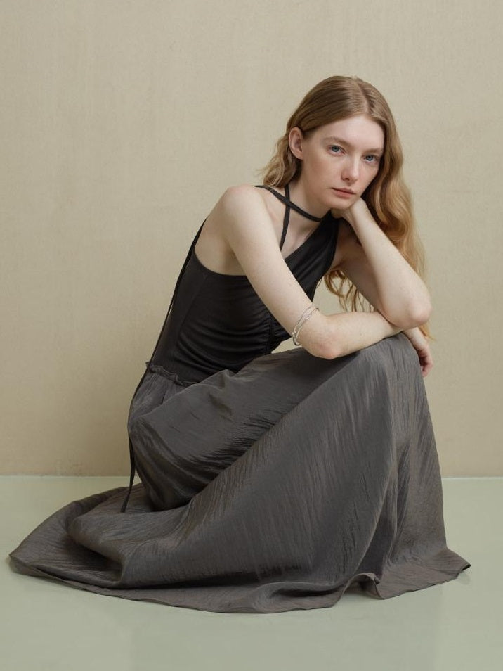 someonesometimes Elegant High Waist Lyocell Aline Spaghetti Strap Sleeveless Maxi Dresses