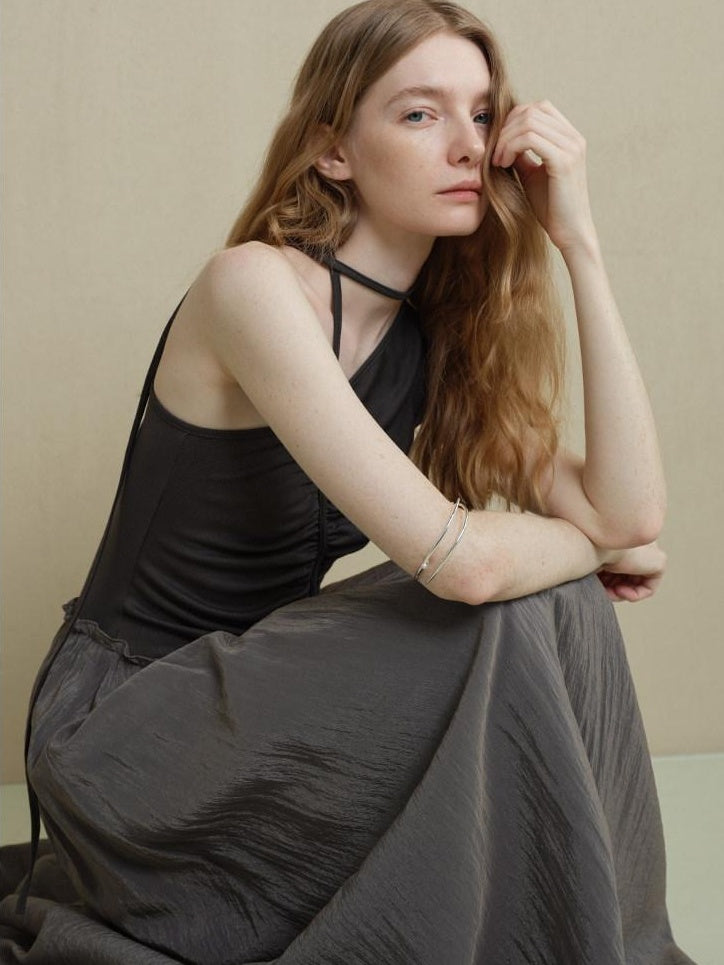 someonesometimes Elegant High Waist Lyocell Aline Spaghetti Strap Sleeveless Maxi Dresses