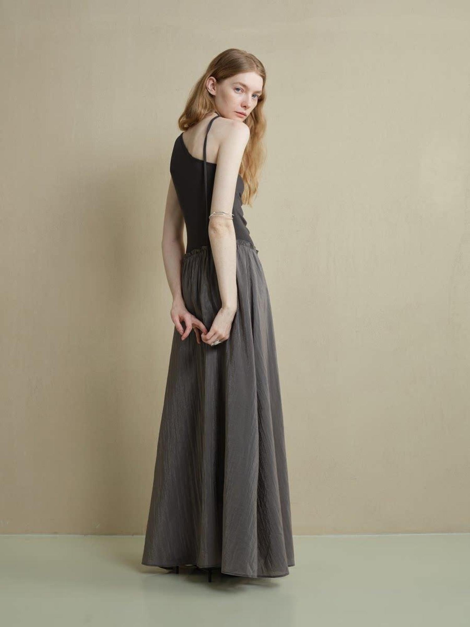 someonesometimes Elegant High Waist Lyocell Aline Spaghetti Strap Sleeveless Maxi Dresses