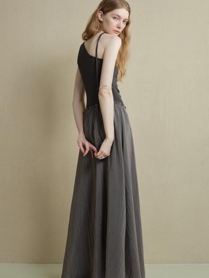 someonesometimes Elegant High Waist Lyocell Aline Spaghetti Strap Sleeveless Maxi Dresses