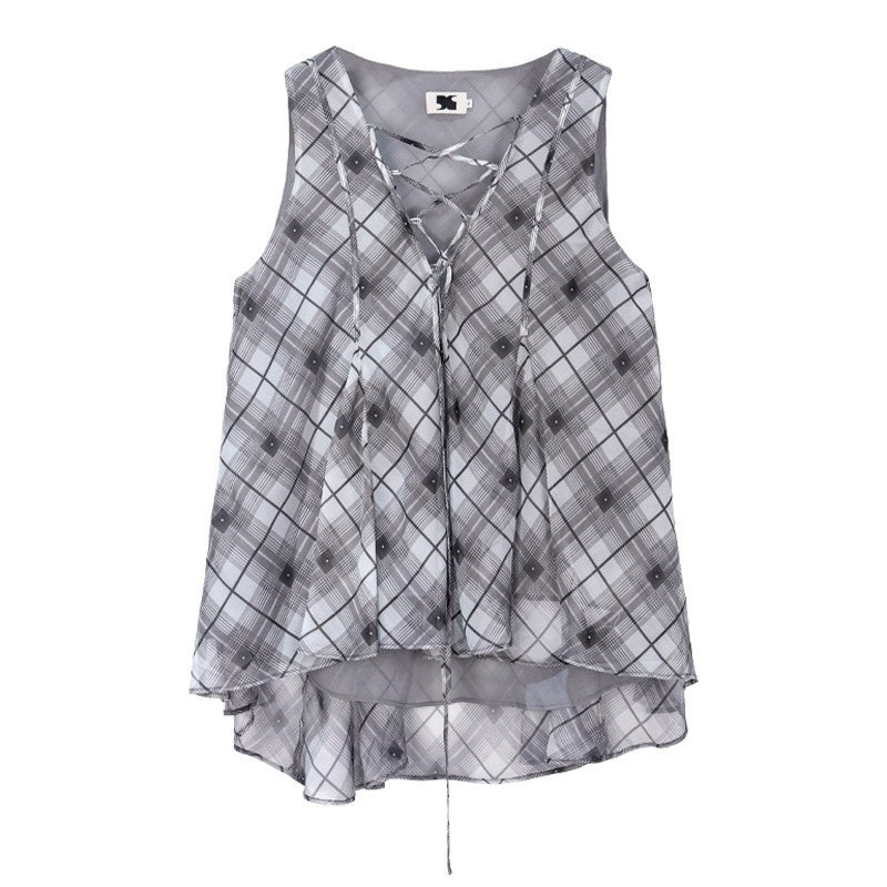someonesometimes_Flattering_Commuter_Slim_Tie_Strap_Plaid_Vest_And_Skirt_Women_Top_&_Skirt_Sets_MISSTT