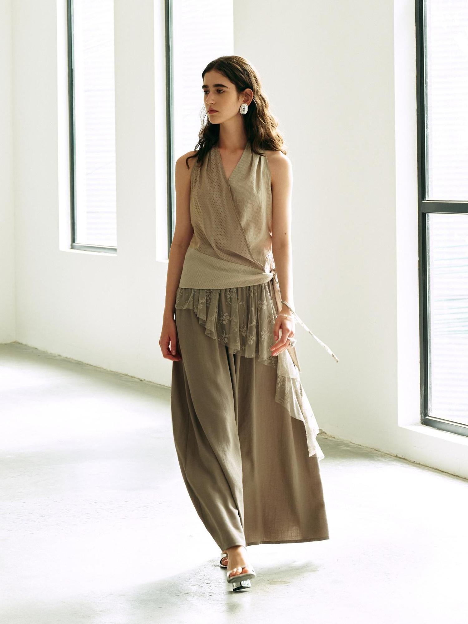 someonesometimes High Waist Lace Slim A Line Back Zipper Cotton Linen Blend Moss Gray Maxi Skirts