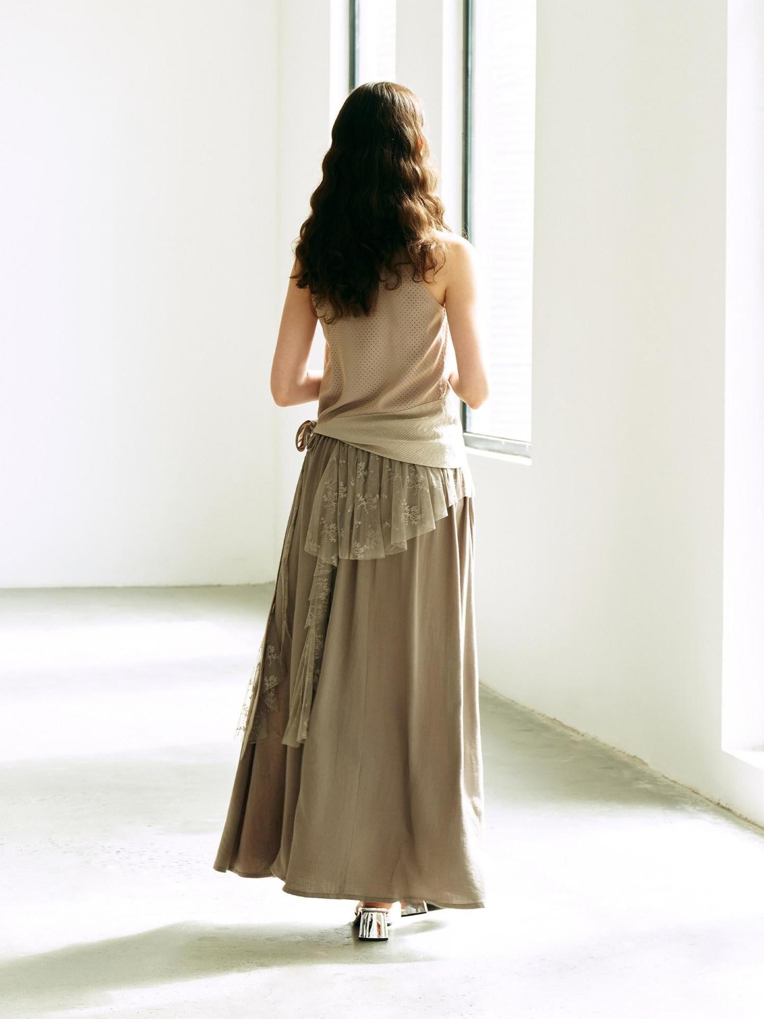 someonesometimes High Waist Lace Slim A Line Back Zipper Cotton Linen Blend Moss Gray Maxi Skirts