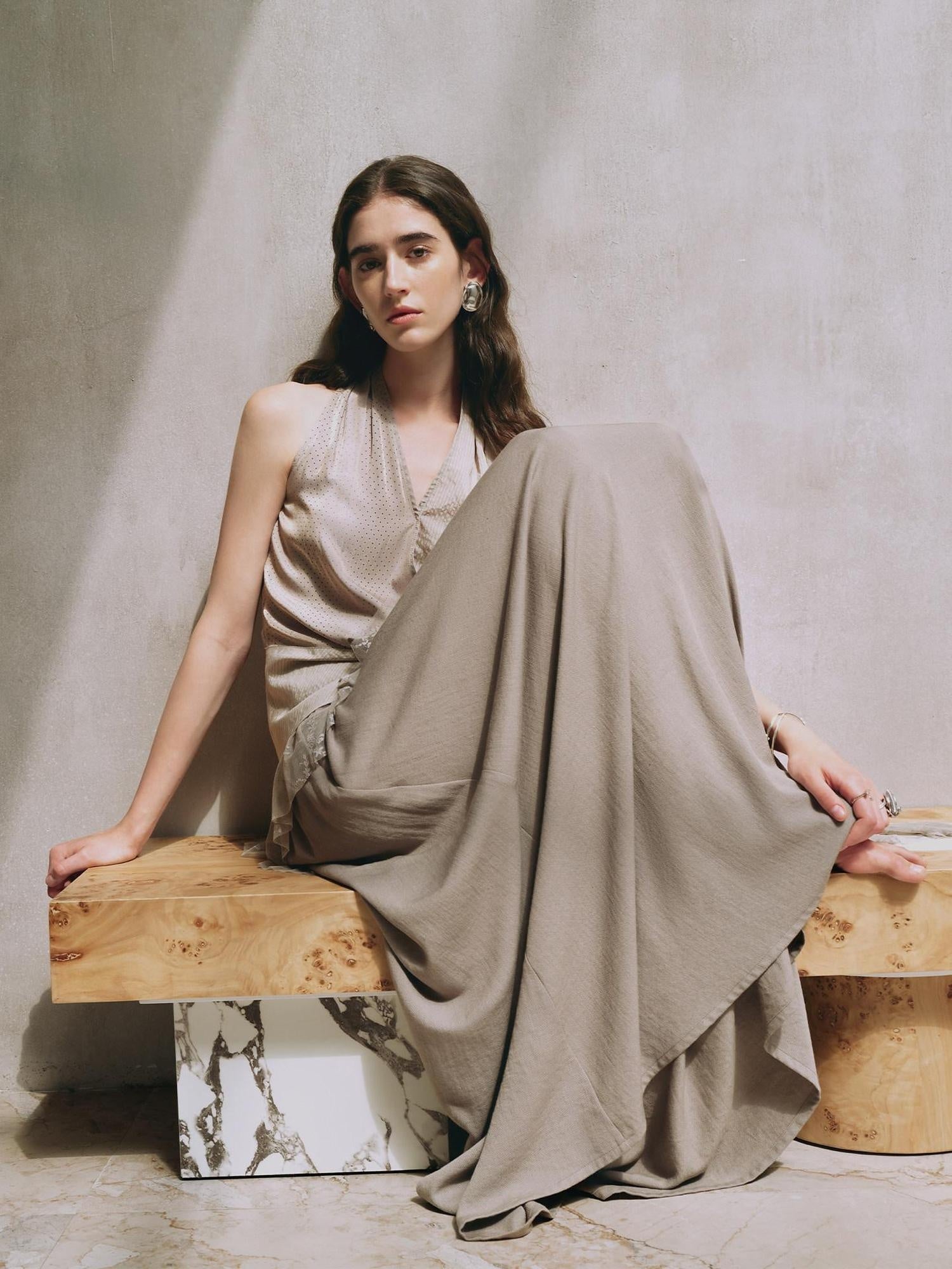 someonesometimes High Waist Lace Slim A Line Back Zipper Cotton Linen Blend Moss Gray Maxi Skirts