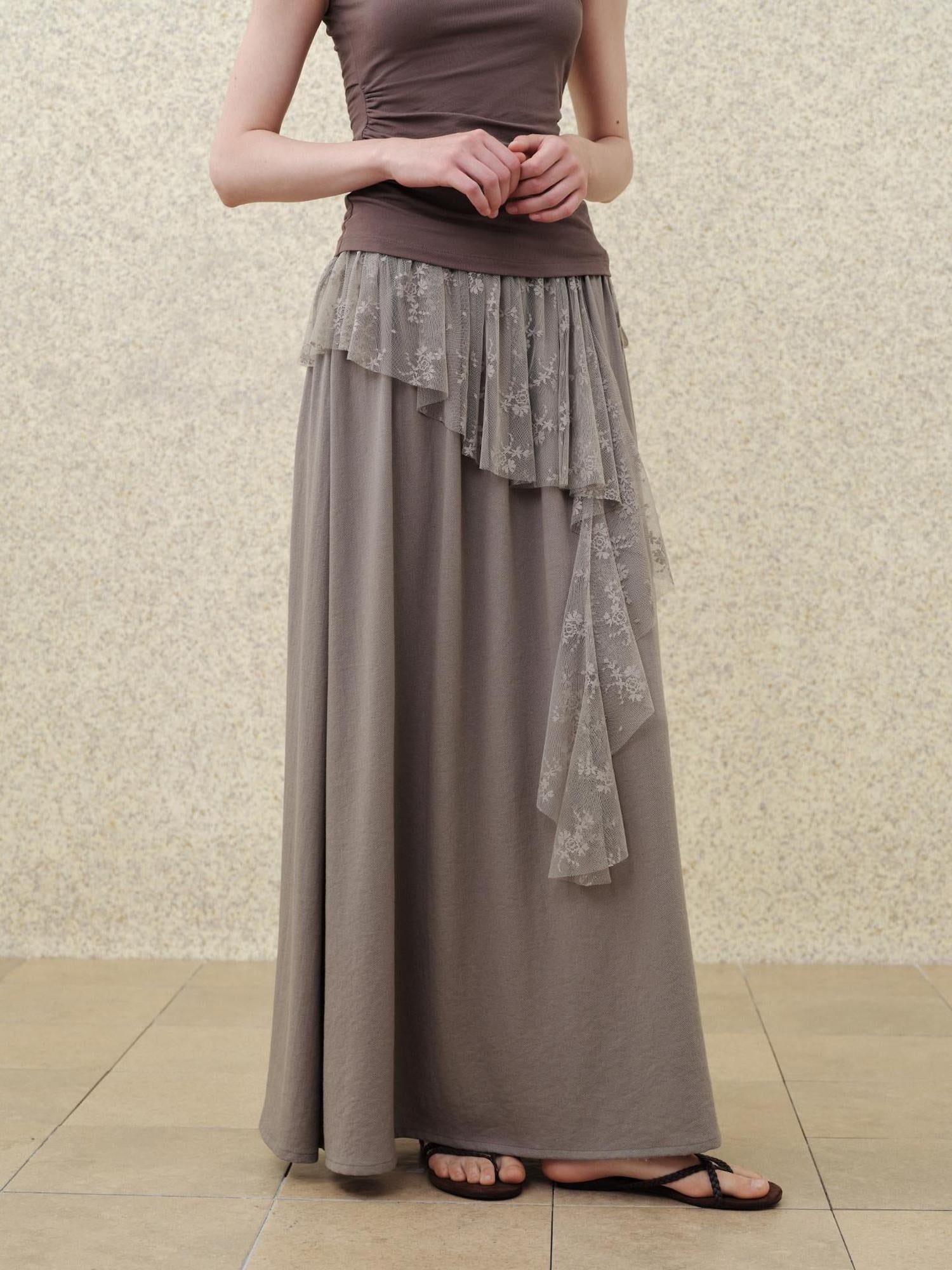 someonesometimes High Waist Lace Slim A Line Back Zipper Cotton Linen Blend Moss Gray Maxi Skirts