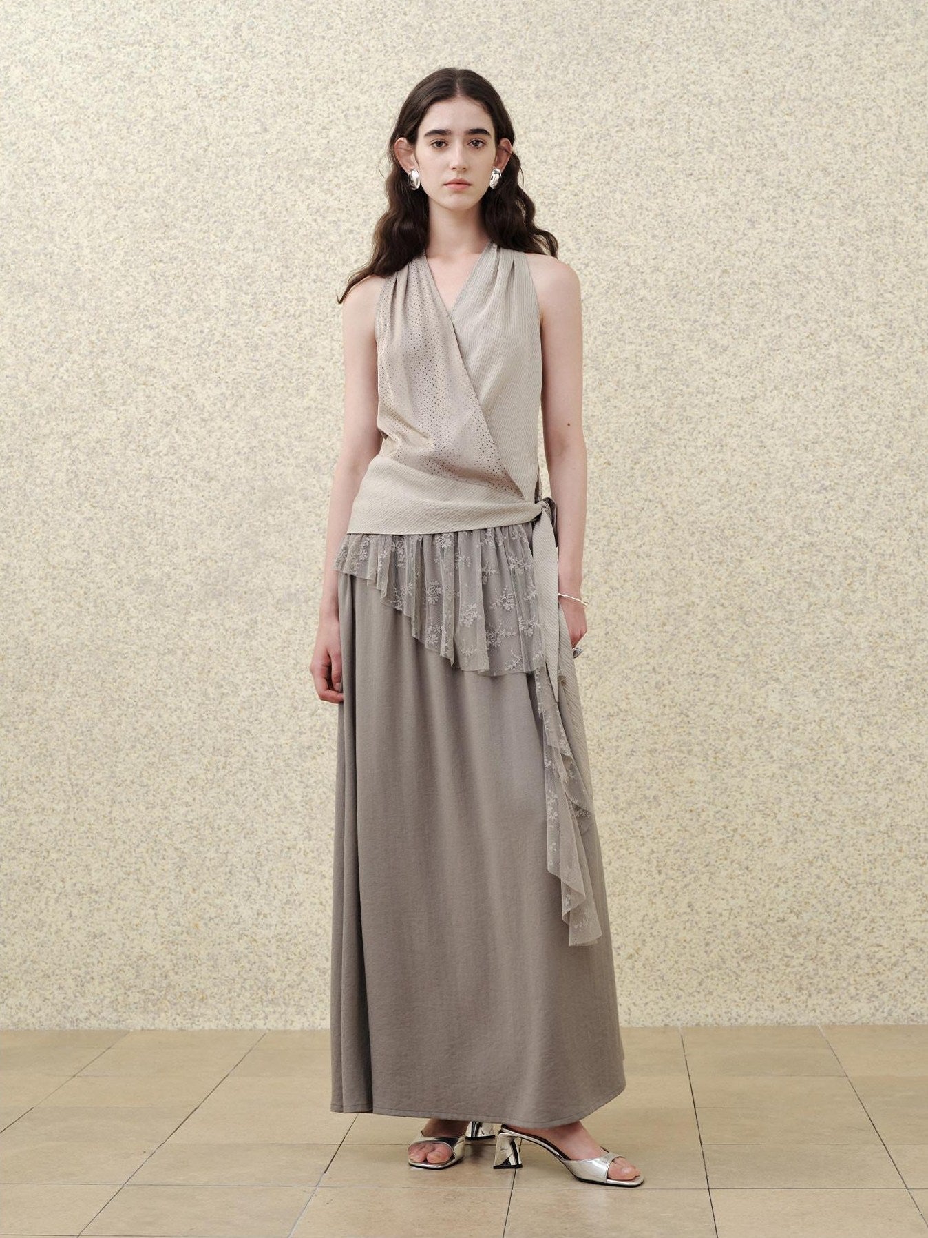 someonesometimes High Waist Lace Slim A Line Back Zipper Cotton Linen Blend Moss Gray Maxi Skirts