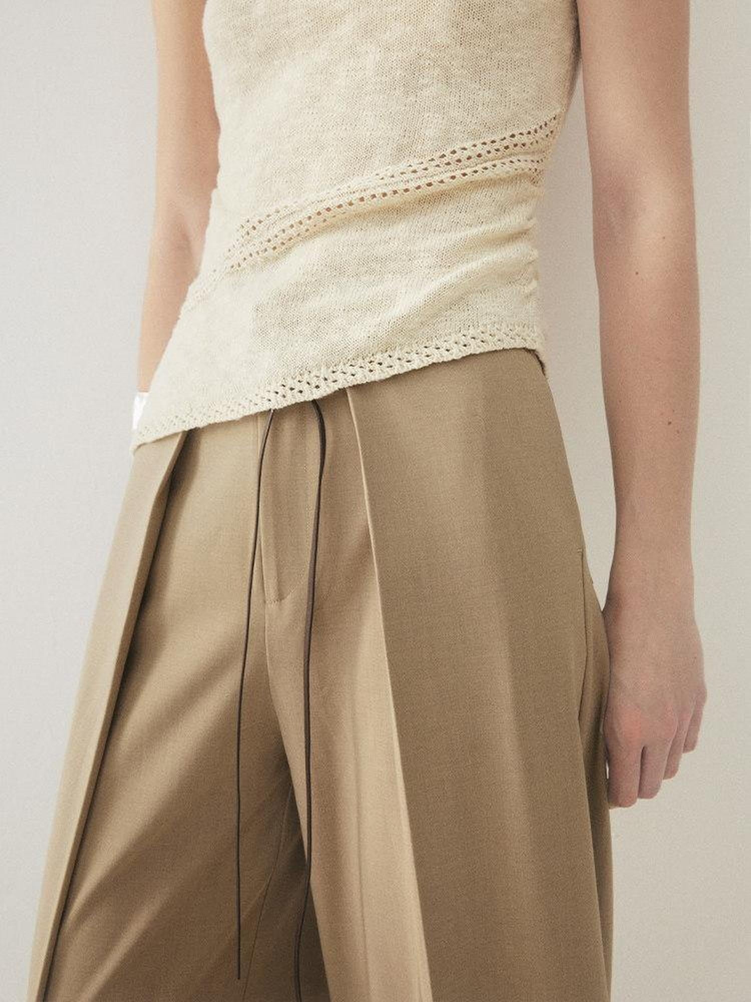 someonesometimes High Waist Minimalist Belt Ladies Stretch Gray Camel Wide Leg Pants