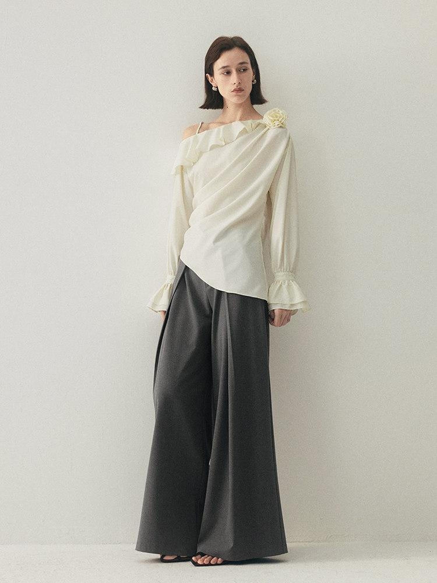 someonesometimes High Waist Minimalist Belt Ladies Stretch Gray Camel Wide Leg Pants