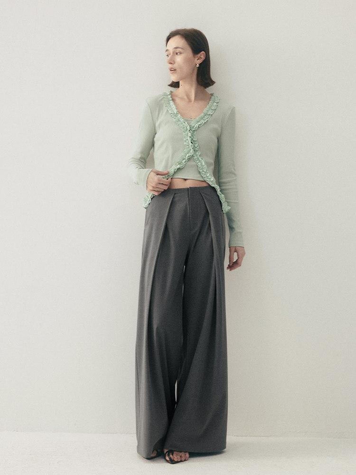 someonesometimes High Waist Minimalist Belt Ladies Stretch Gray Camel Wide Leg Pants