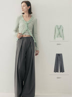 someonesometimes High Waist Minimalist Belt Ladies Stretch Gray Camel Wide Leg Pants