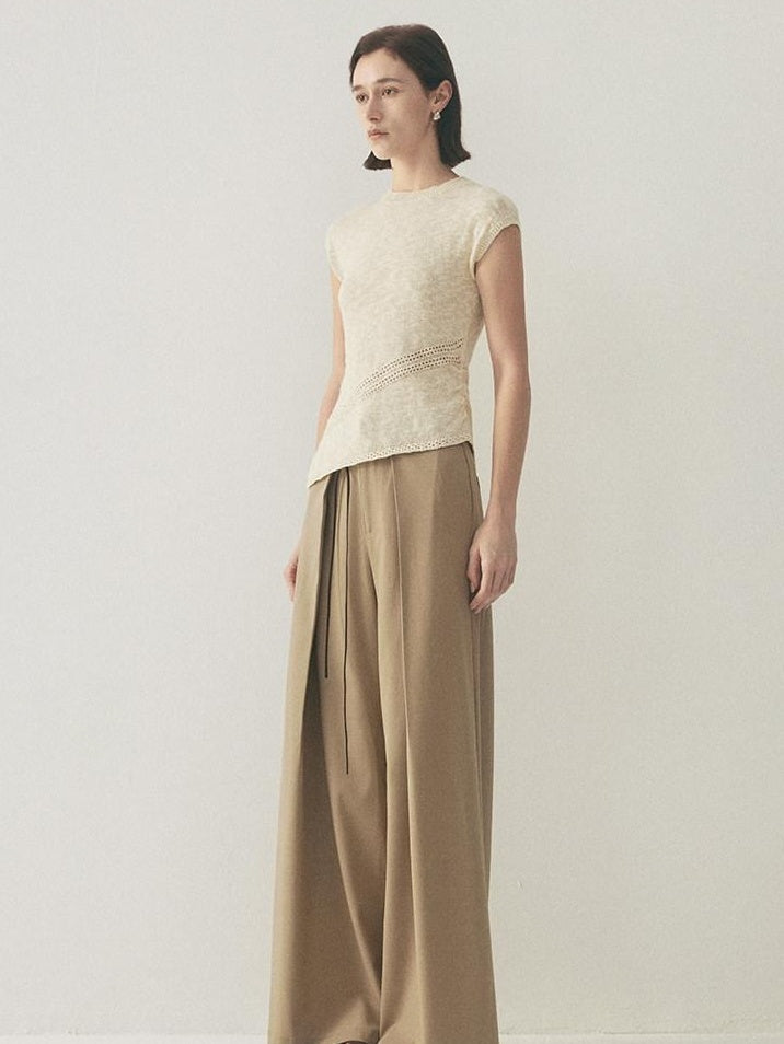 someonesometimes High Waist Minimalist Belt Ladies Stretch Gray Camel Wide Leg Pants